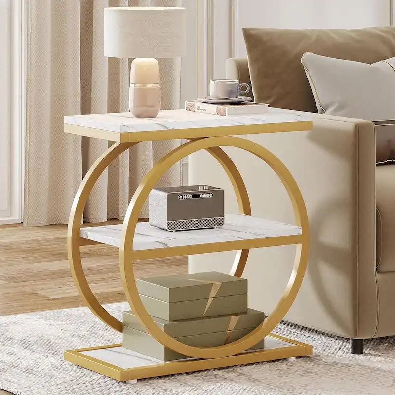 End Table with 3 Storage Shelves, Wood Narrow Side Table