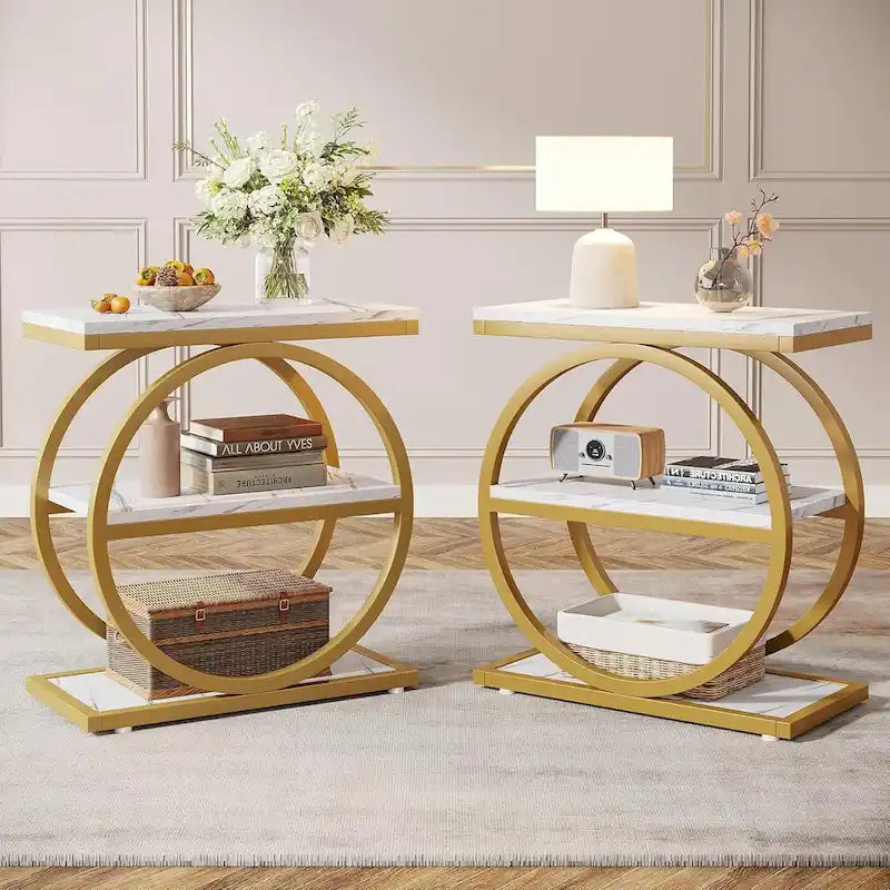 End Table with 3 Storage Shelves, Wood Narrow Side Table