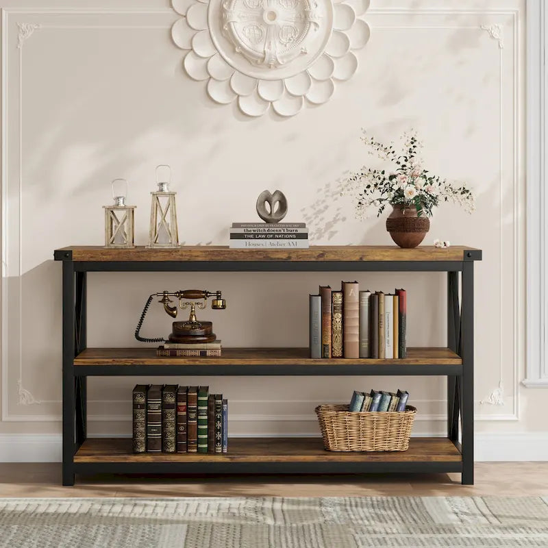 Narrow Long Console Table with Storage, 3 Tier Wood Sofa Table