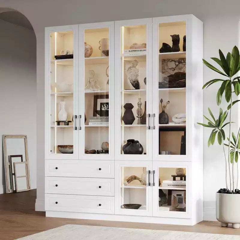 Famapy White 6 Door 3 Drawer Large Storage Cabinet Glass Door Built-in Light Strip Modern Style