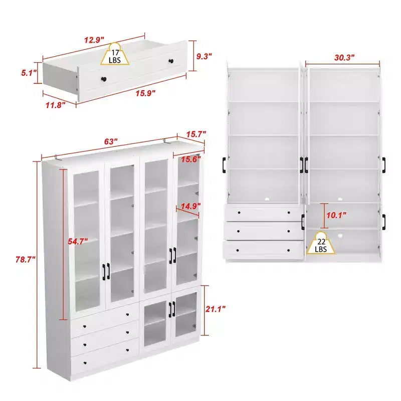 Famapy White 6 Door 3 Drawer Large Storage Cabinet Glass Door Built-in Light Strip Modern Style