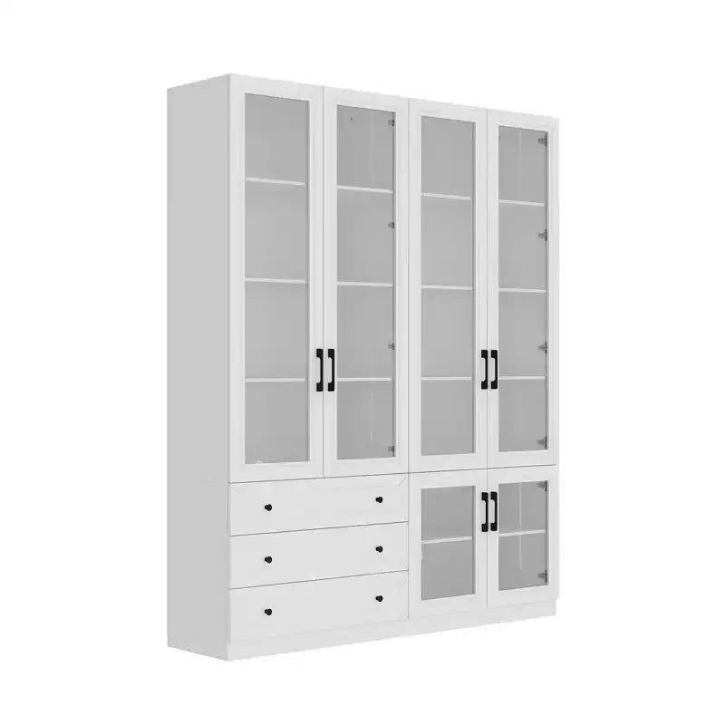Famapy White 6 Door 3 Drawer Large Storage Cabinet Glass Door Built-in Light Strip Modern Style