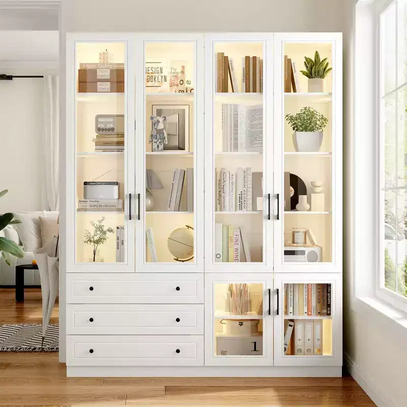 Famapy White 6 Door 3 Drawer Large Storage Cabinet Glass Door Built-in Light Strip Modern Style