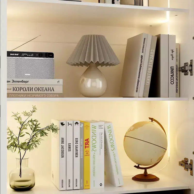 Famapy White 6 Door 3 Drawer Large Storage Cabinet Glass Door Built-in Light Strip Modern Style