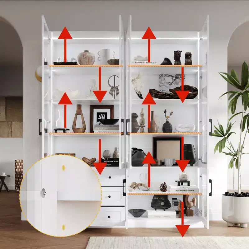 Famapy White 6 Door 3 Drawer Large Storage Cabinet Glass Door Built-in Light Strip Modern Style
