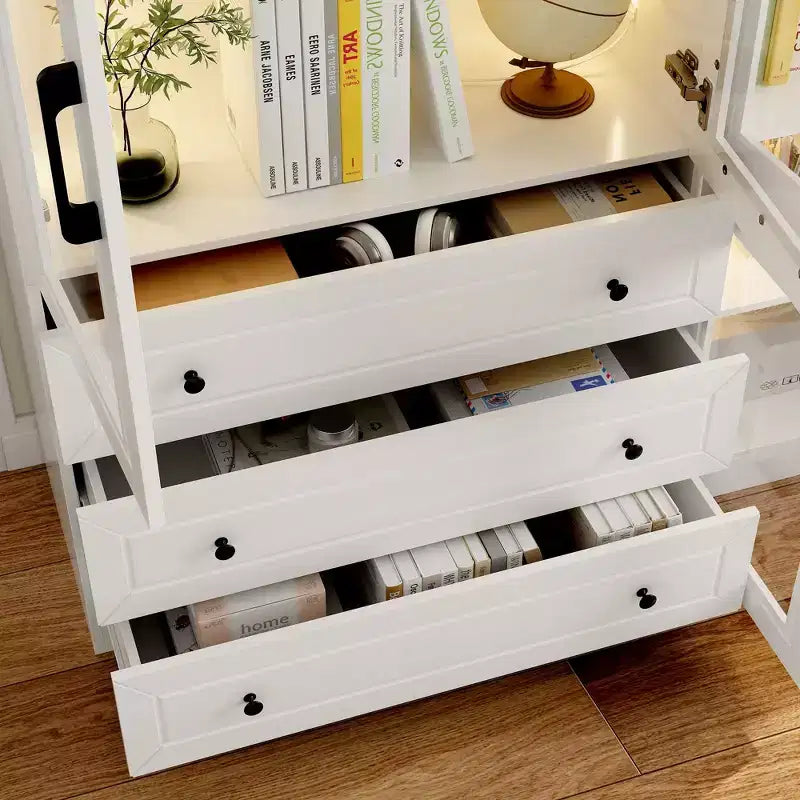 Famapy White 6 Door 3 Drawer Large Storage Cabinet Glass Door Built-in Light Strip Modern Style