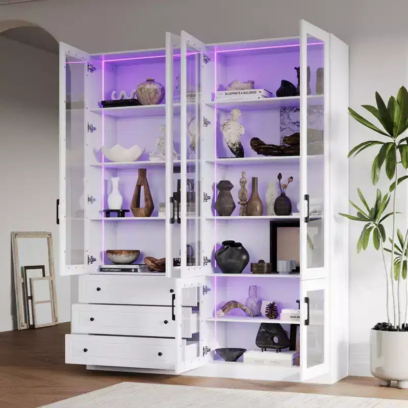 Famapy White 6 Door 3 Drawer Large Storage Cabinet Glass Door Built-in Light Strip Modern Style
