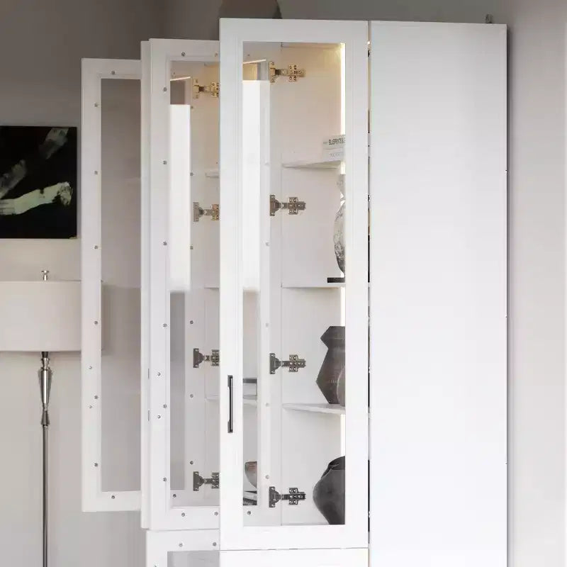 Famapy White 6 Door 3 Drawer Large Storage Cabinet Glass Door Built-in Light Strip Modern Style