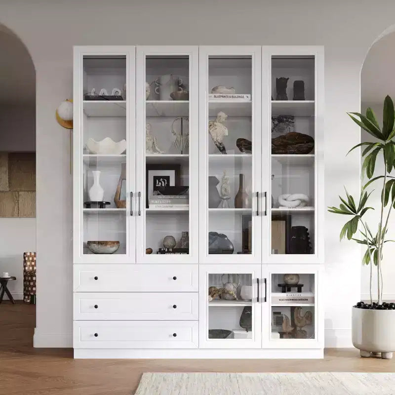Famapy White 6 Door 3 Drawer Large Storage Cabinet Glass Door Built-in Light Strip Modern Style