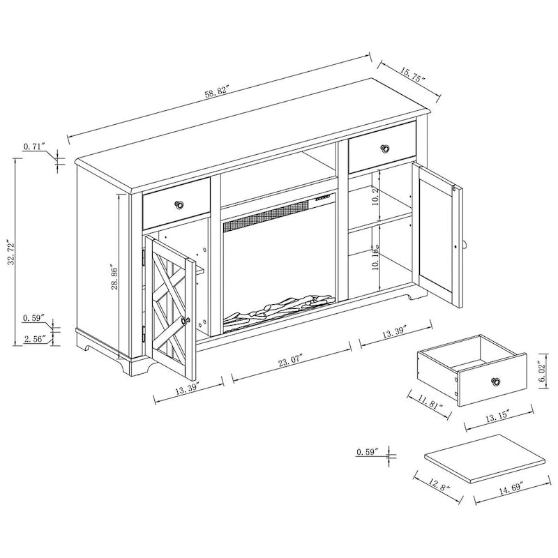 Farmhouse TV Stand with Fireplace for up to 65  TV - 60 W x 33 H x 15.5 D