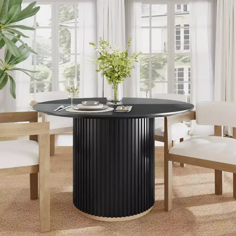 Christopher Knight Home Cheryi 47.2 Round Oak Veneer Top and Iron Pedestal Dining Table