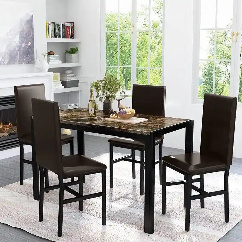 Modern Faux Marble 5 Pieces Kitchen Dining Set with 4 Cushion PU Leather Chairs