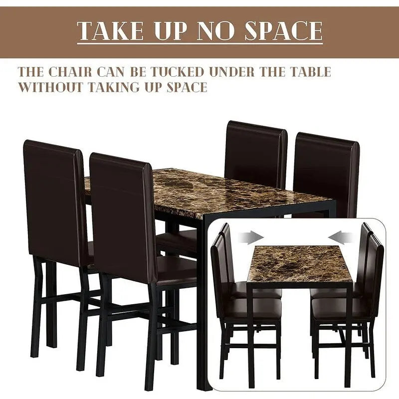 Modern Faux Marble 5 Pieces Kitchen Dining Set with 4 Cushion PU Leather Chairs