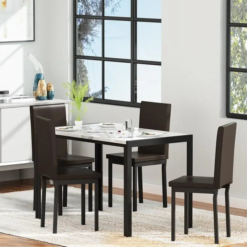 Modern Faux Marble 5 Pieces Kitchen Dining Set with 4 Cushion PU Leather Chairs