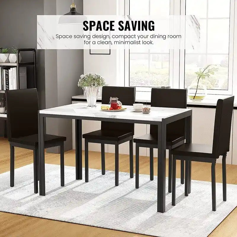 Modern Faux Marble 5 Pieces Kitchen Dining Set with 4 Cushion PU Leather Chairs