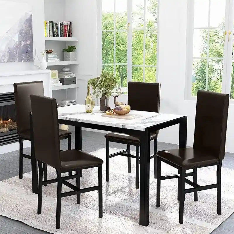 Modern Faux Marble 5 Pieces Kitchen Dining Set with 4 Cushion PU Leather Chairs