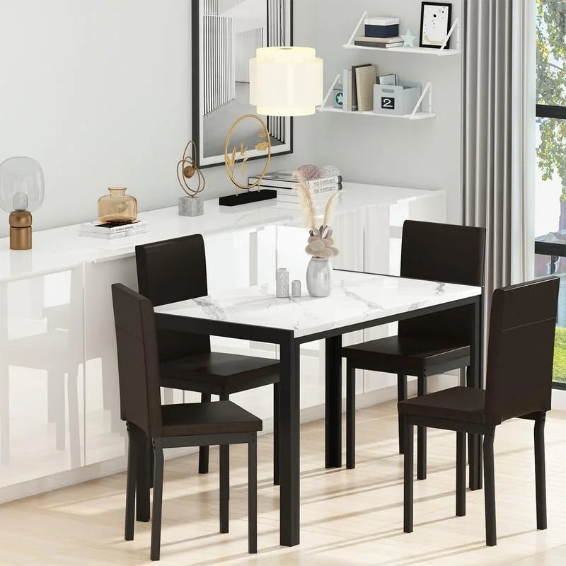 Modern Faux Marble 5 Pieces Kitchen Dining Set with 4 Cushion PU Leather Chairs