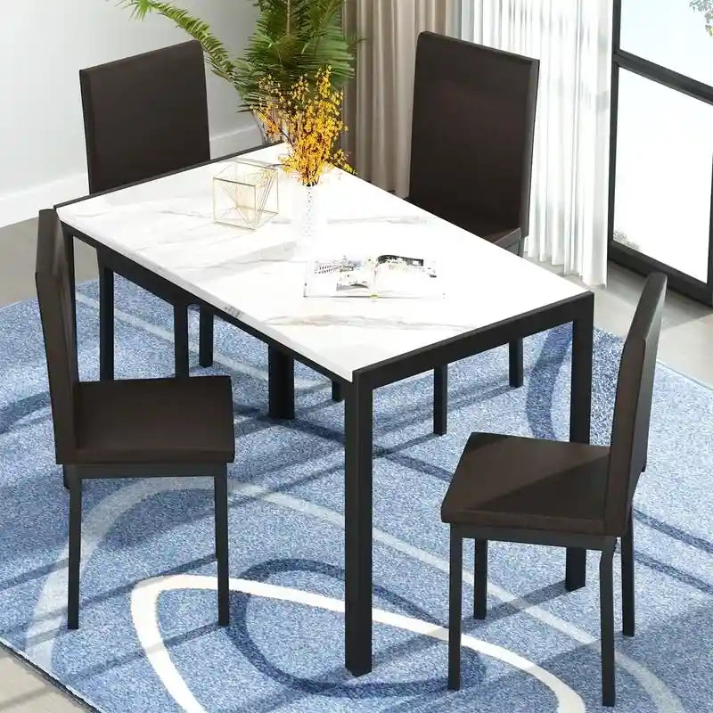 Modern Faux Marble 5 Pieces Kitchen Dining Set with 4 Cushion PU Leather Chairs