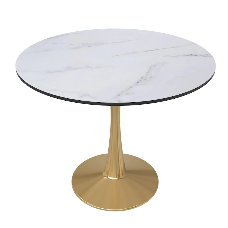 LeisureMod Bristol 35  Round Dining Table for 4 with MDF Tabletop in Gold Steel Base for Kitchen & Dining Room