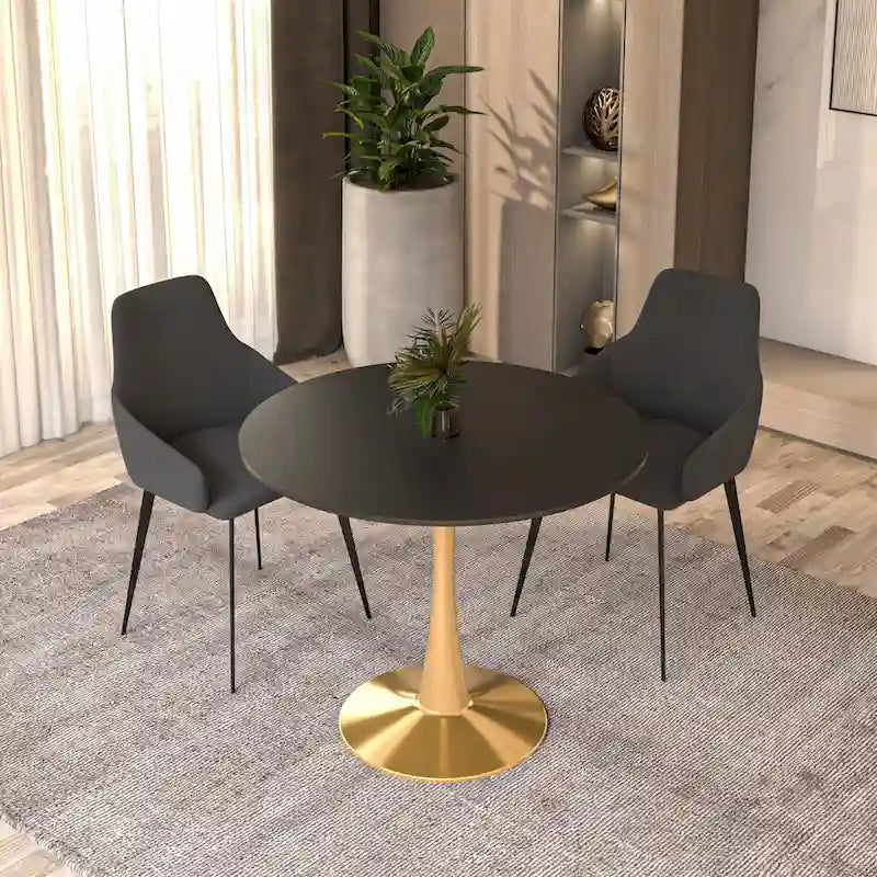 LeisureMod Bristol 35  Round Dining Table for 4 with MDF Tabletop in Gold Steel Base for Kitchen & Dining Room