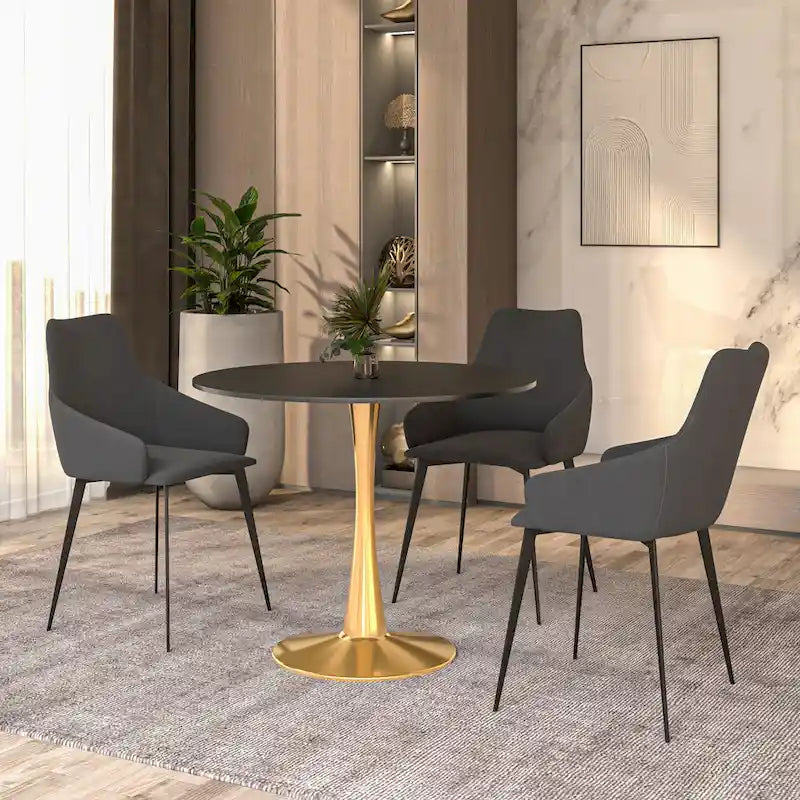 LeisureMod Bristol 35  Round Dining Table for 4 with MDF Tabletop in Gold Steel Base for Kitchen & Dining Room