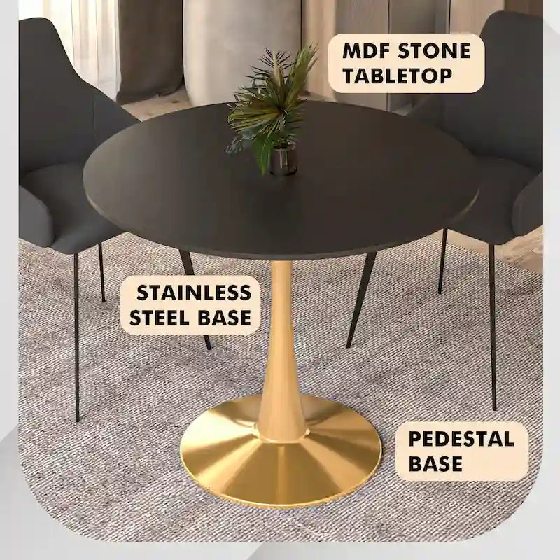 LeisureMod Bristol 35  Round Dining Table for 4 with MDF Tabletop in Gold Steel Base for Kitchen & Dining Room