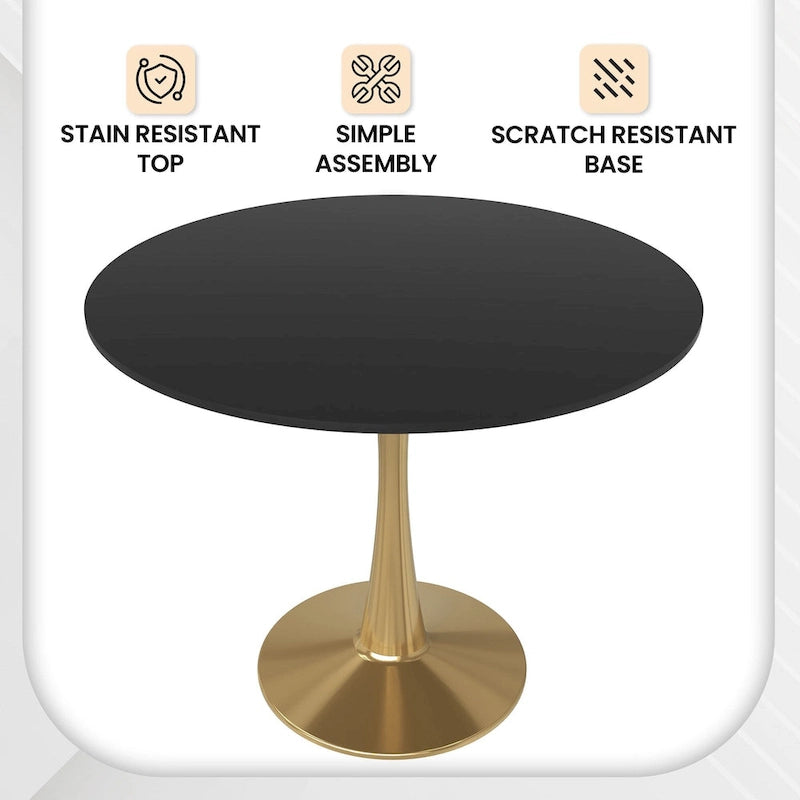 LeisureMod Bristol 35  Round Dining Table for 4 with MDF Tabletop in Gold Steel Base for Kitchen & Dining Room