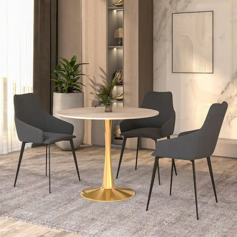 LeisureMod Bristol 35  Round Dining Table for 4 with MDF Tabletop in Gold Steel Base for Kitchen & Dining Room