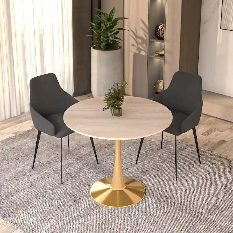 LeisureMod Bristol 35  Round Dining Table for 4 with MDF Tabletop in Gold Steel Base for Kitchen & Dining Room