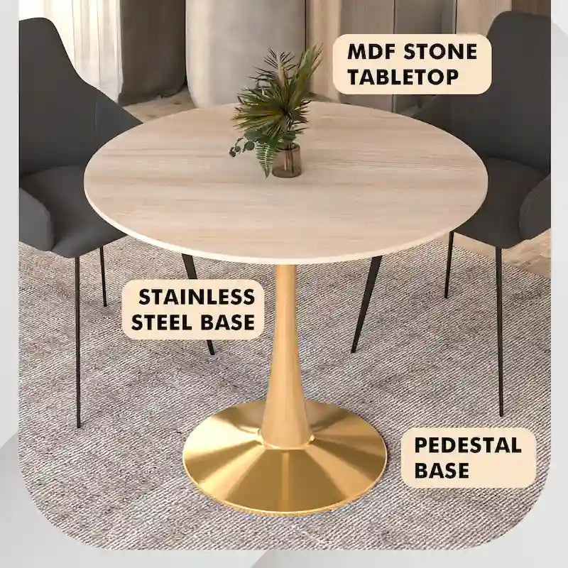 LeisureMod Bristol 35  Round Dining Table for 4 with MDF Tabletop in Gold Steel Base for Kitchen & Dining Room