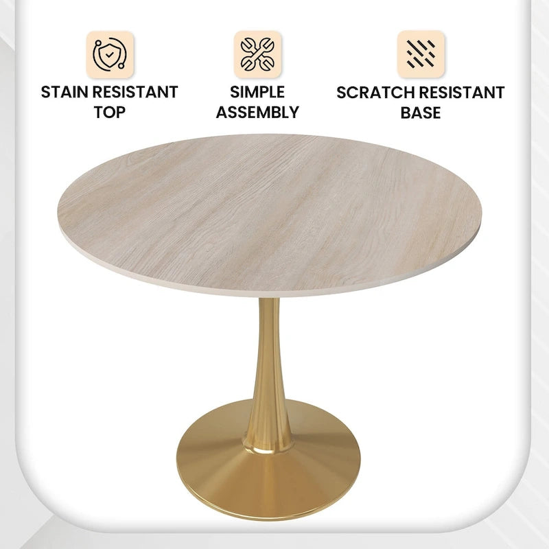 LeisureMod Bristol 35  Round Dining Table for 4 with MDF Tabletop in Gold Steel Base for Kitchen & Dining Room