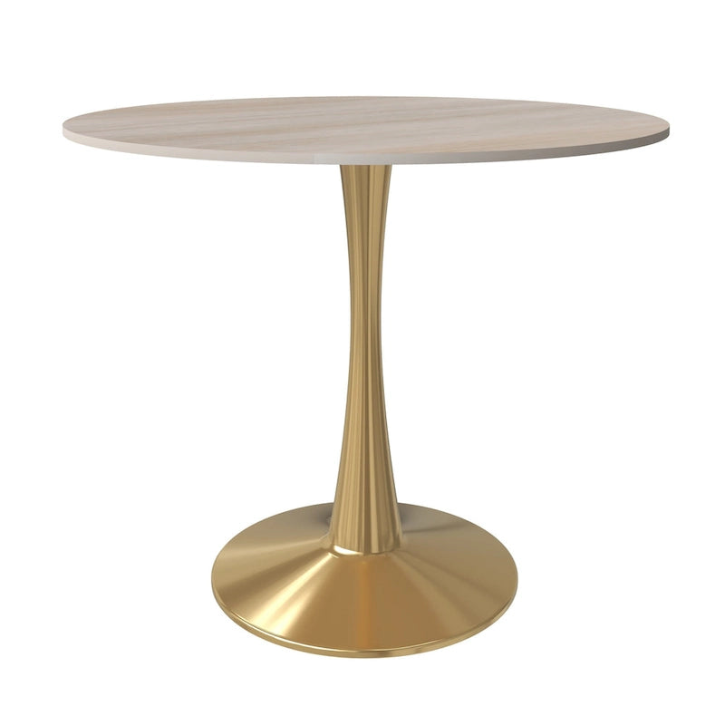 LeisureMod Bristol 35  Round Dining Table for 4 with MDF Tabletop in Gold Steel Base for Kitchen & Dining Room
