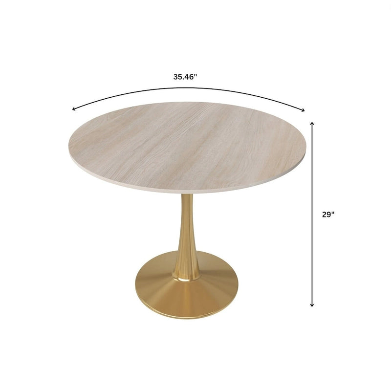 LeisureMod Bristol 35  Round Dining Table for 4 with MDF Tabletop in Gold Steel Base for Kitchen & Dining Room