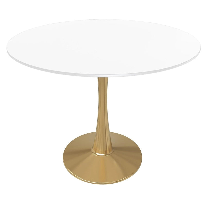 LeisureMod Bristol 35  Round Dining Table for 4 with MDF Tabletop in Gold Steel Base for Kitchen & Dining Room