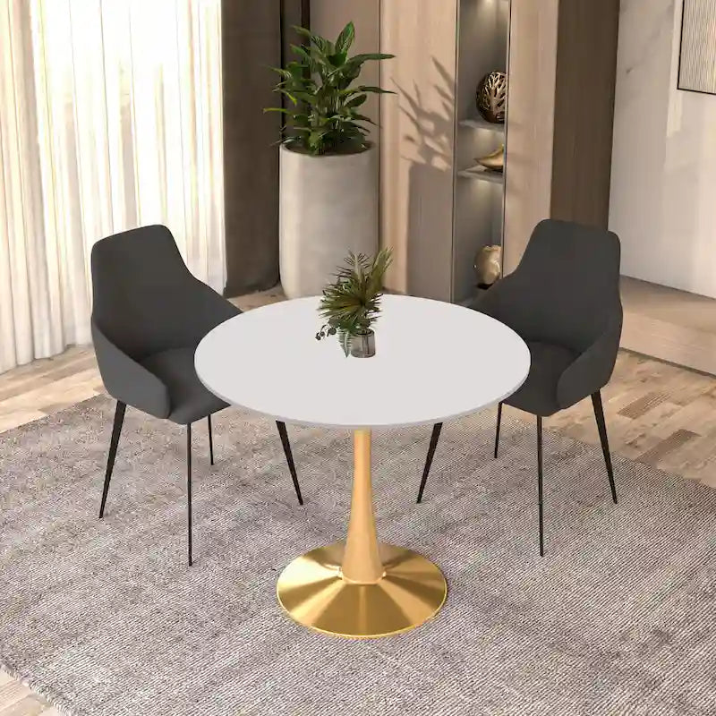 LeisureMod Bristol 35  Round Dining Table for 4 with MDF Tabletop in Gold Steel Base for Kitchen & Dining Room