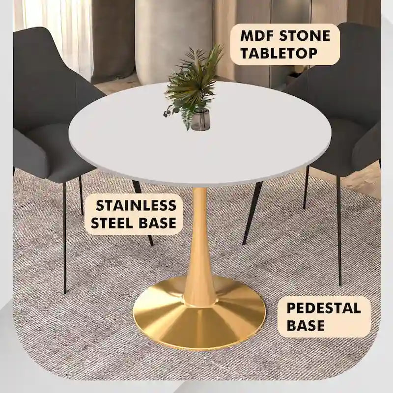 LeisureMod Bristol 35  Round Dining Table for 4 with MDF Tabletop in Gold Steel Base for Kitchen & Dining Room