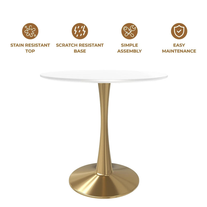 LeisureMod Bristol 35  Round Dining Table for 4 with MDF Tabletop in Gold Steel Base for Kitchen & Dining Room