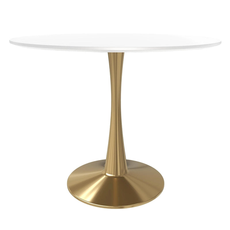 LeisureMod Bristol 35  Round Dining Table for 4 with MDF Tabletop in Gold Steel Base for Kitchen & Dining Room