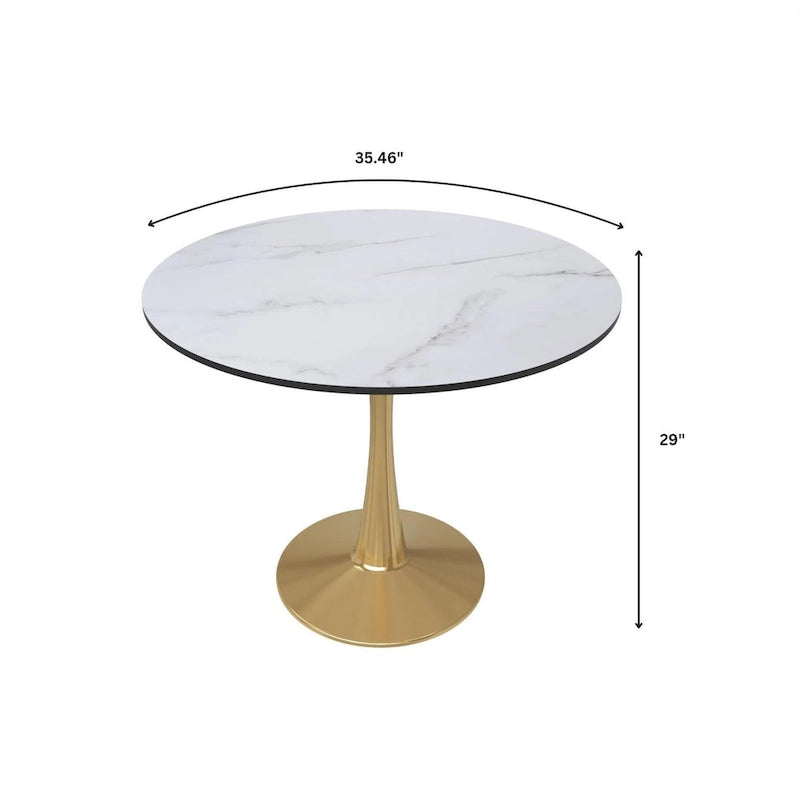 LeisureMod Bristol 35  Round Dining Table for 4 with MDF Tabletop in Gold Steel Base for Kitchen & Dining Room