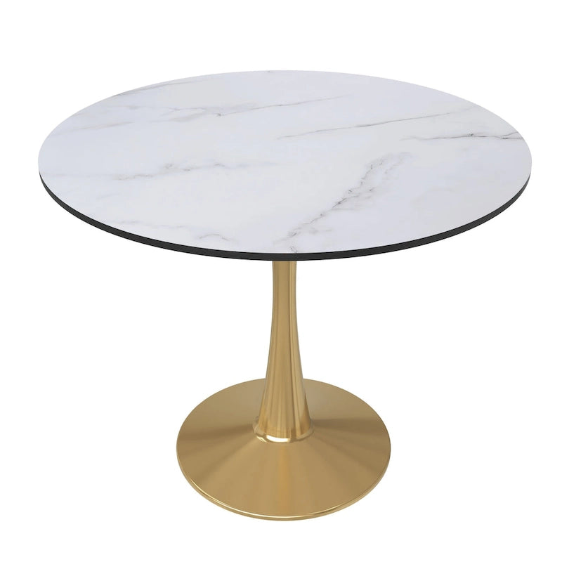 LeisureMod Bristol 35  Round Dining Table for 4 with MDF Tabletop in Gold Steel Base for Kitchen & Dining Room