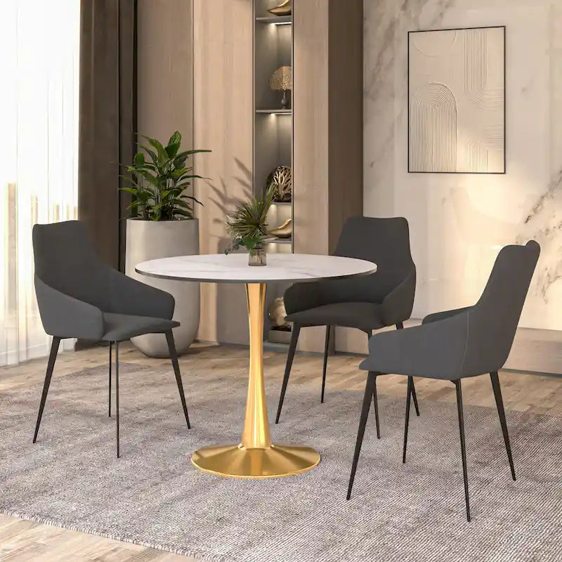LeisureMod Bristol 35  Round Dining Table for 4 with MDF Tabletop in Gold Steel Base for Kitchen & Dining Room