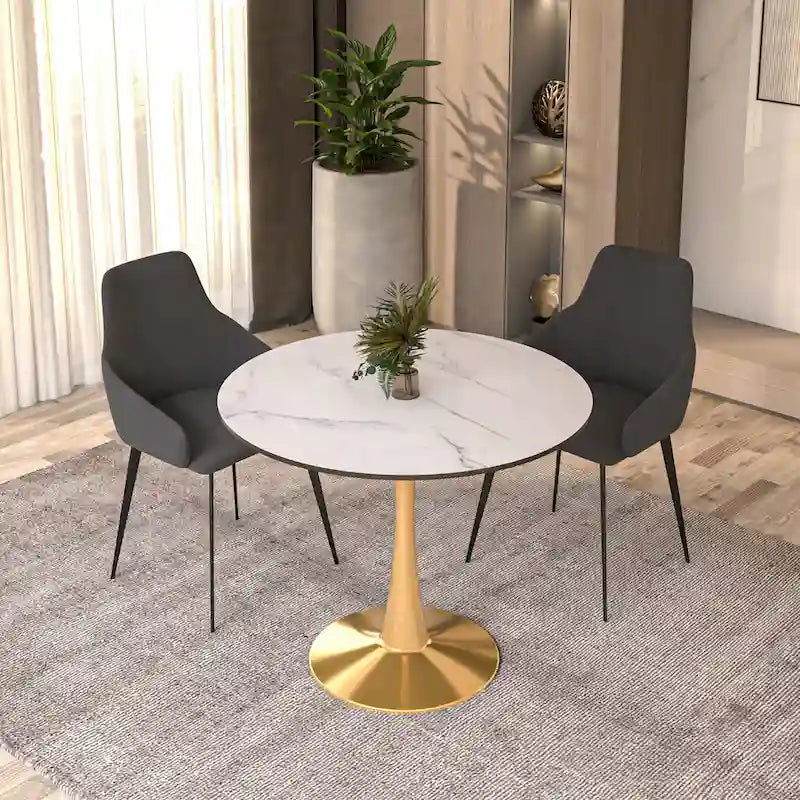 LeisureMod Bristol 35  Round Dining Table for 4 with MDF Tabletop in Gold Steel Base for Kitchen & Dining Room