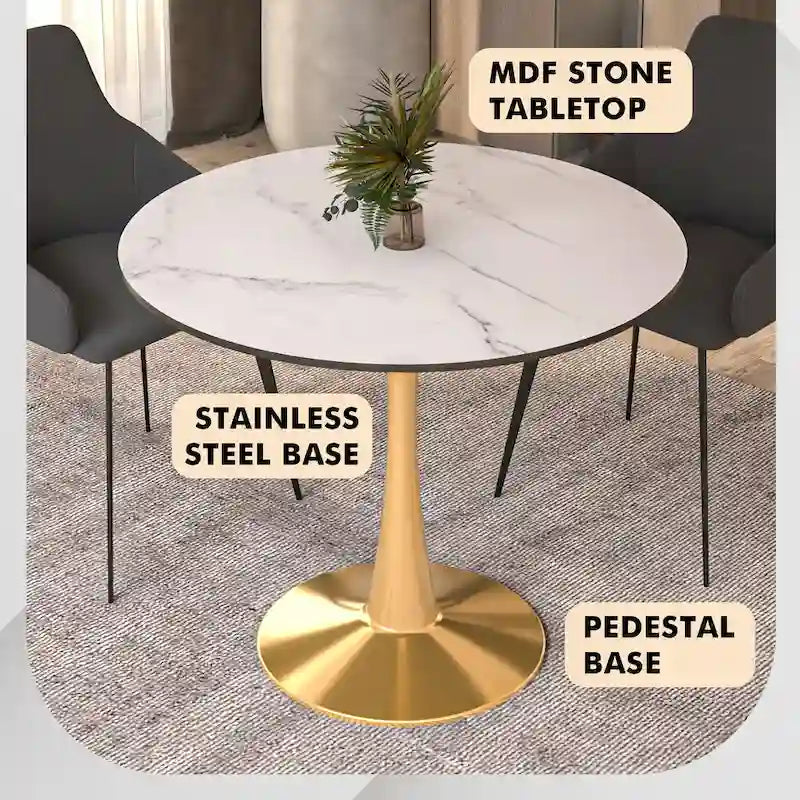 LeisureMod Bristol 35  Round Dining Table for 4 with MDF Tabletop in Gold Steel Base for Kitchen & Dining Room