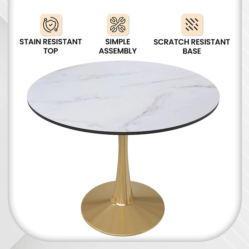LeisureMod Bristol 35  Round Dining Table for 4 with MDF Tabletop in Gold Steel Base for Kitchen & Dining Room