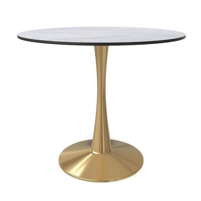 LeisureMod Bristol 35  Round Dining Table for 4 with MDF Tabletop in Gold Steel Base for Kitchen & Dining Room