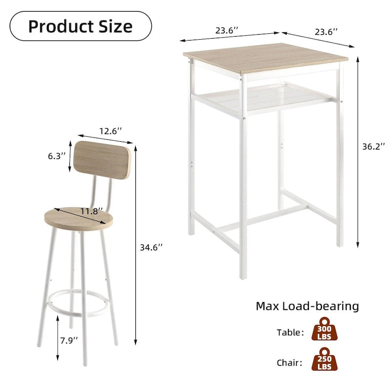 3-Piece Bar Table Set with Metal Shelf,Small Pub Table Set,Dining Set