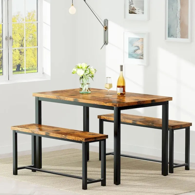 Industrial 3-Piece Dining Table Set, Retro Wood Kitchen Table Set with 2 Benches for Home Kitchen, Dining Room, Restaurant