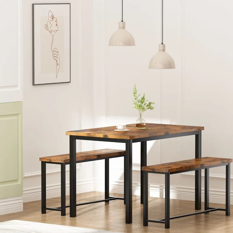 Industrial 3-Piece Dining Table Set, Retro Wood Kitchen Table Set with 2 Benches for Home Kitchen, Dining Room, Restaurant