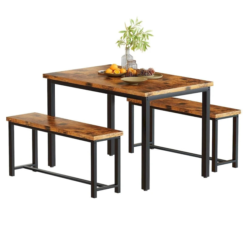 Industrial 3-Piece Dining Table Set, Retro Wood Kitchen Table Set with 2 Benches for Home Kitchen, Dining Room, Restaurant