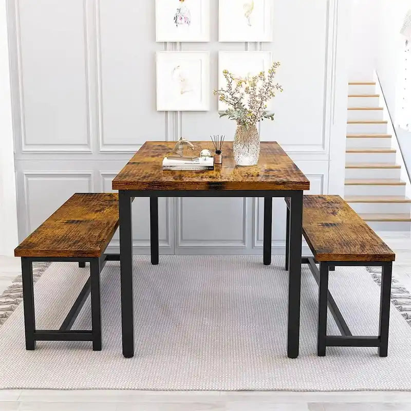 Industrial 3-Piece Dining Table Set, Retro Wood Kitchen Table Set with 2 Benches for Home Kitchen, Dining Room, Restaurant